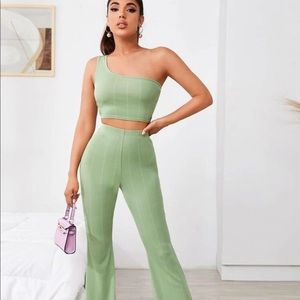 Ribbed One-Shoulder Crop Top & Flare Pants Set